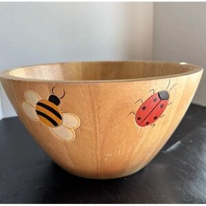 1999 Bee & Ladybug Wooden Salad Bowl By Clay Art Pre-owned